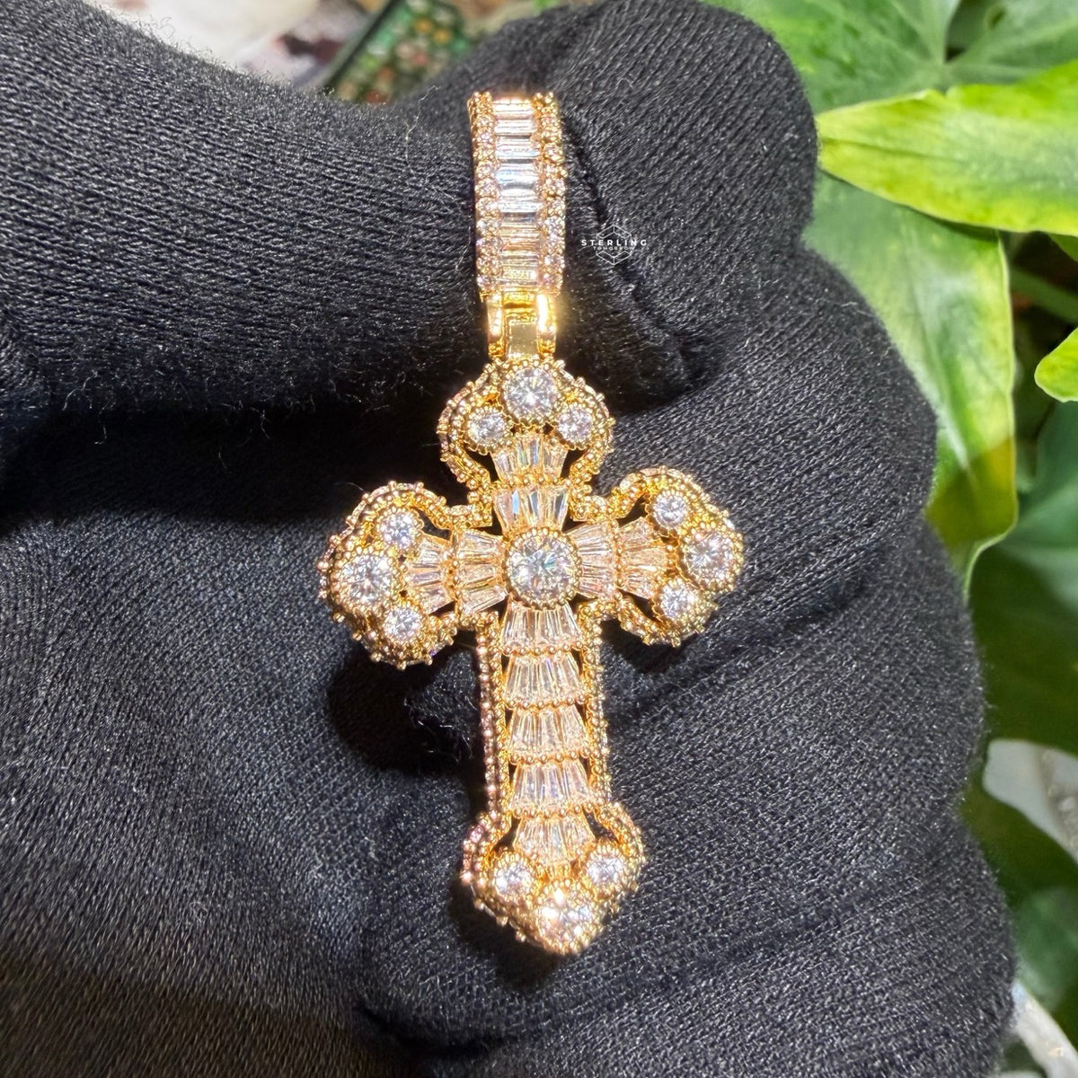Cross Pendant 14K Gold Plated CZ Diamond Baguette Cross Hip Hop Chain Bling Necklace Mens Religious Jewelry Anti Tarnish Rope Chain No Green