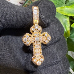 Cross Pendant 14K Gold Plated CZ Diamond Baguette Cross Hip Hop Chain Bling Necklace Mens Religious Jewelry Anti Tarnish Rope Chain No Green