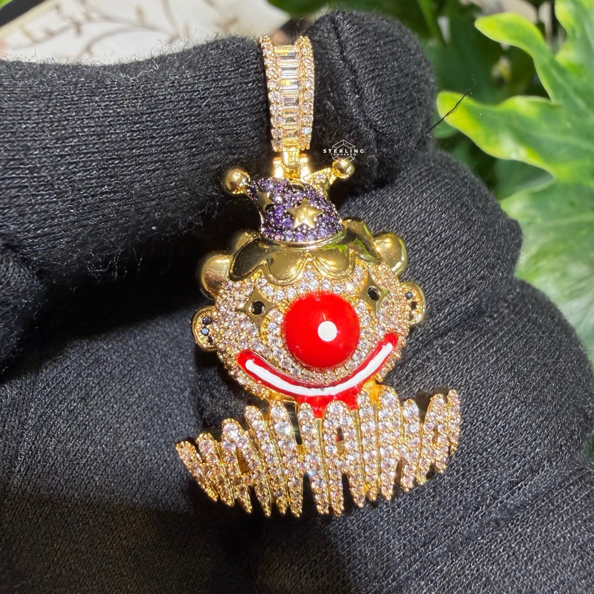 Clown Iced Pendant 14k Gold Plated CZ Bling + AntiTarnish Steel Rope Chain