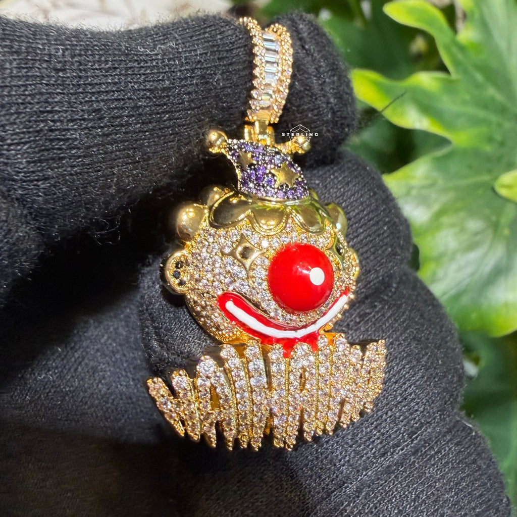 Clown Iced Pendant 14k Gold Plated CZ Bling + AntiTarnish Steel Rope Chain