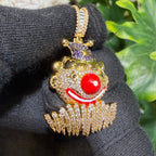 Clown Iced Pendant 14k Gold Plated CZ Bling + AntiTarnish Steel Rope Chain
