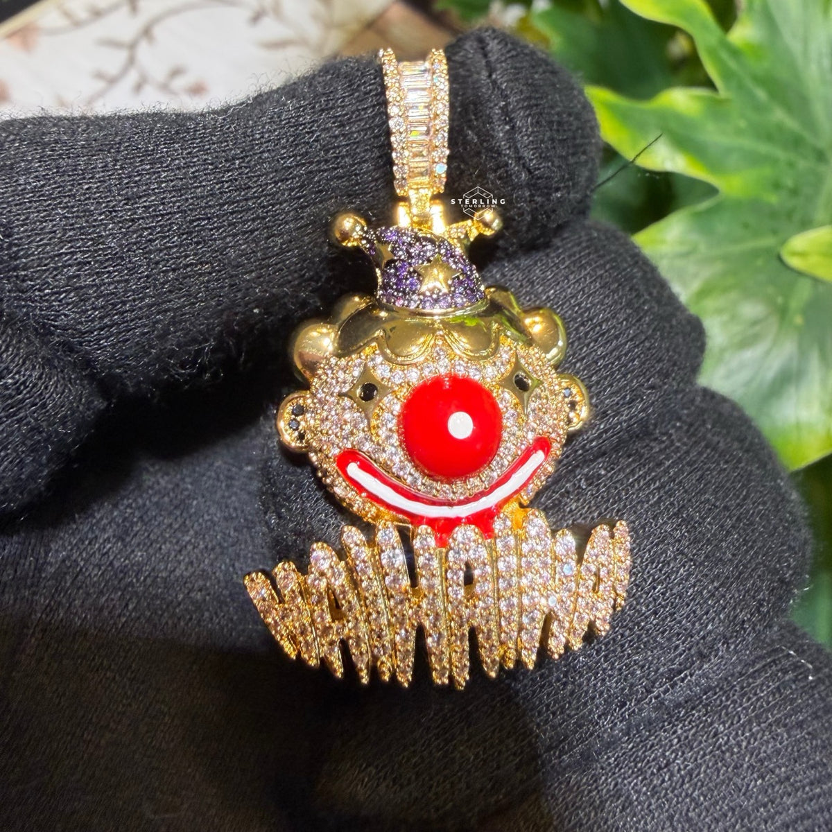 Clown Iced Pendant 14k Gold Plated CZ Bling + AntiTarnish Steel Rope Chain