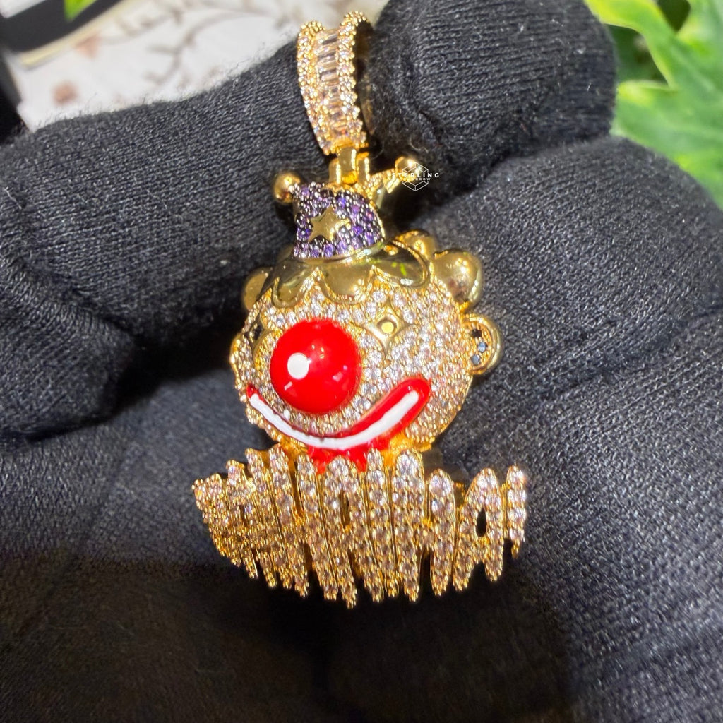 Clown Iced Pendant 14k Gold Plated CZ Bling + AntiTarnish Steel Rope Chain