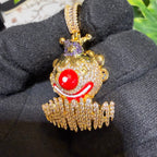 Clown Iced Pendant 14k Gold Plated CZ Bling + AntiTarnish Steel Rope Chain