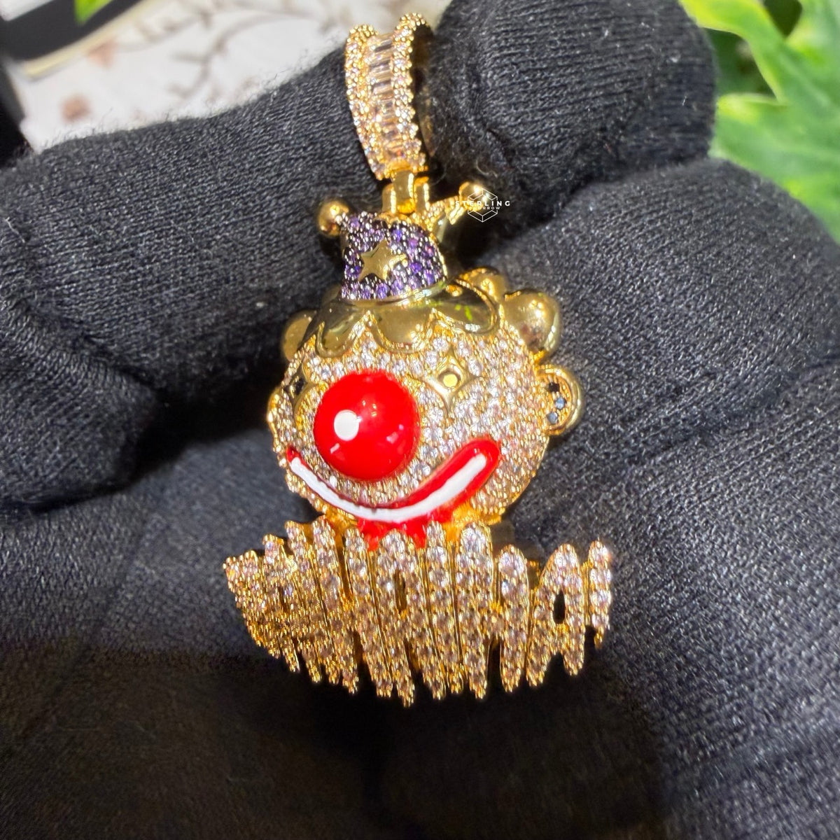 Clown Iced Pendant 14k Gold Plated CZ Bling + AntiTarnish Steel Rope Chain