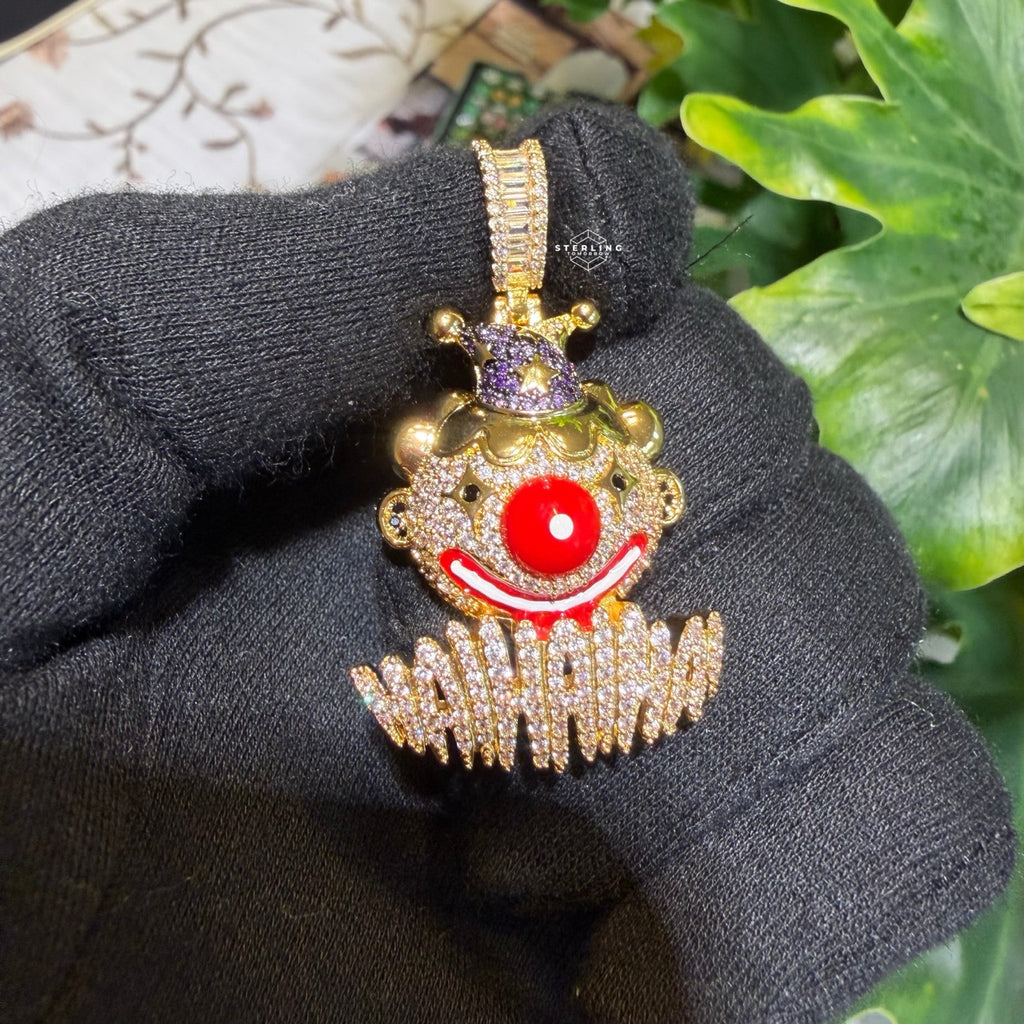 Clown Iced Pendant 14k Gold Plated CZ Bling + AntiTarnish Steel Rope Chain