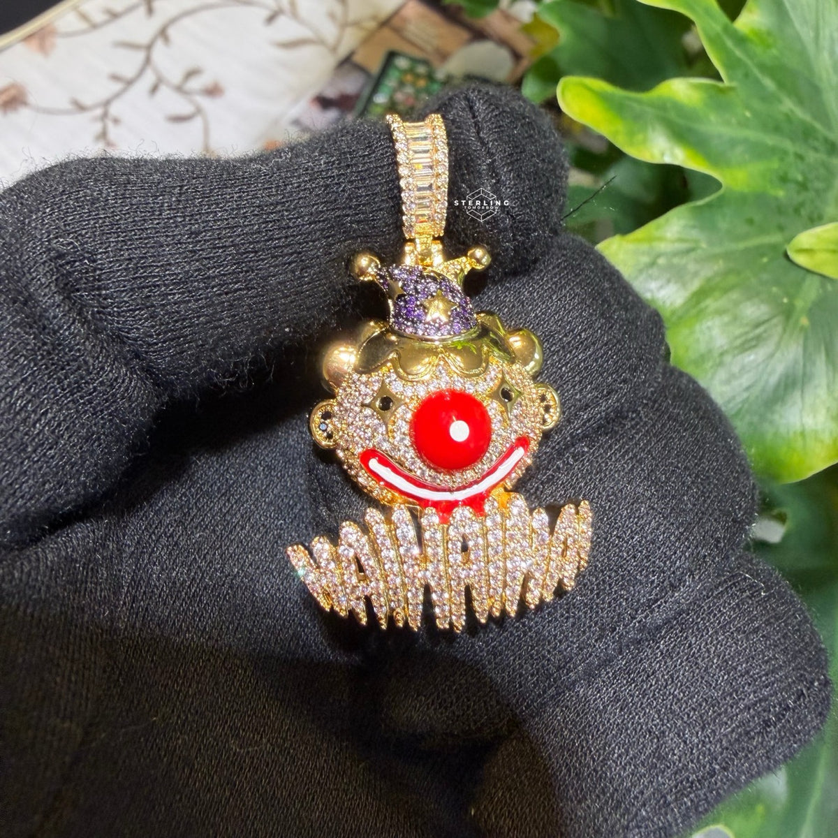 Clown Iced Pendant 14k Gold Plated CZ Bling + AntiTarnish Steel Rope Chain