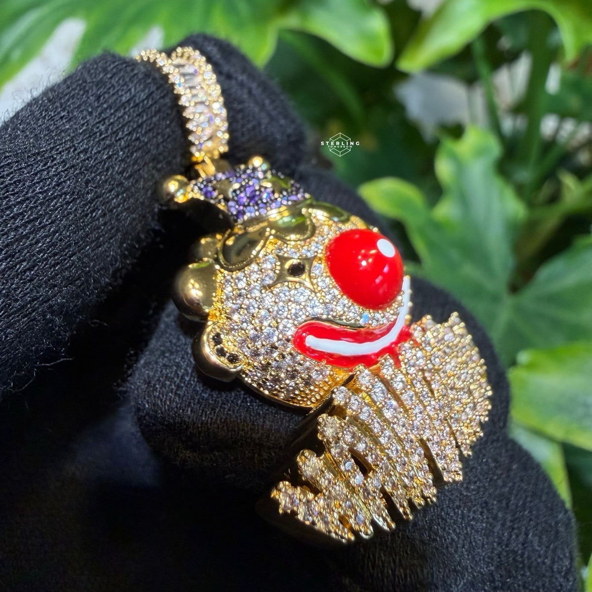 Clown Iced Pendant 14k Gold Plated CZ Bling + AntiTarnish Steel Rope Chain