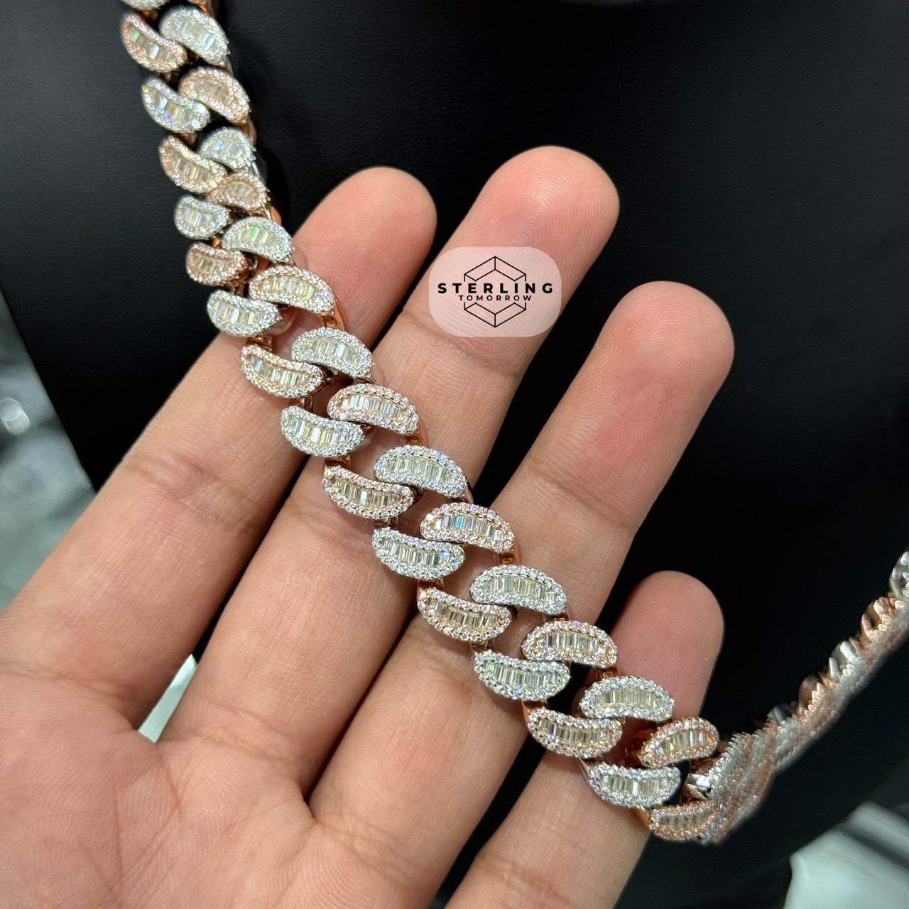 Moissanite 15mm 22" Heavy Rose Two Tone Baguette Cuban Chain