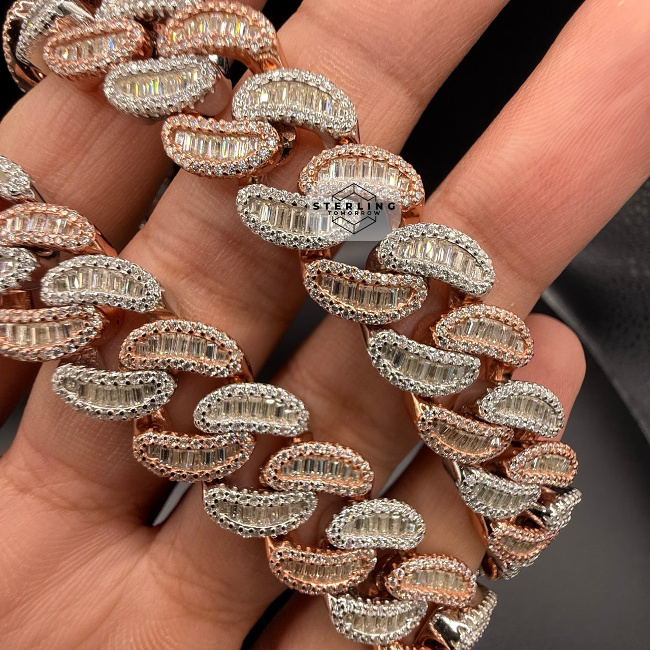 Moissanite 15mm 22" Heavy Rose Two Tone Baguette Cuban Chain