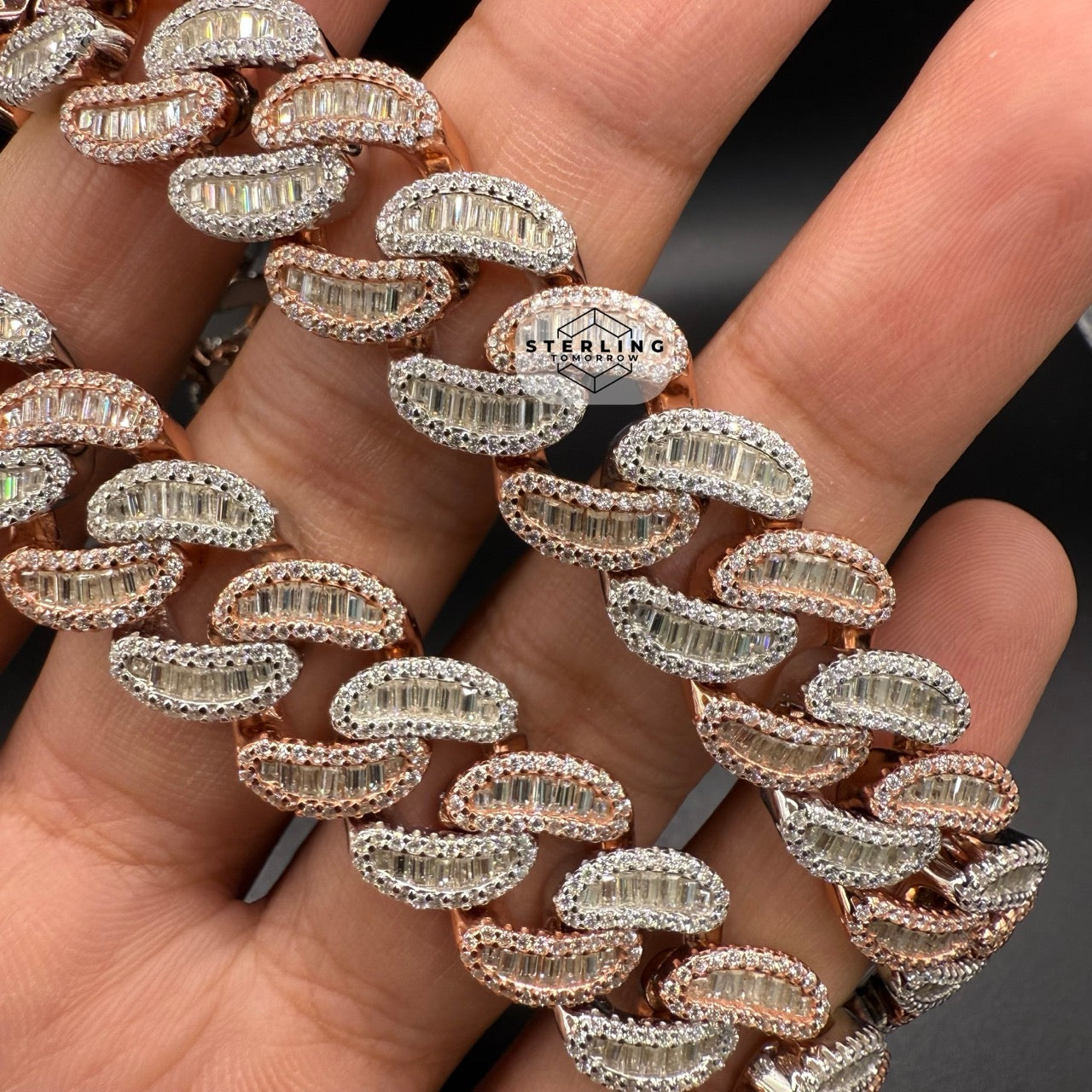 Moissanite 15mm 22" Heavy Rose Two Tone Baguette Cuban Chain