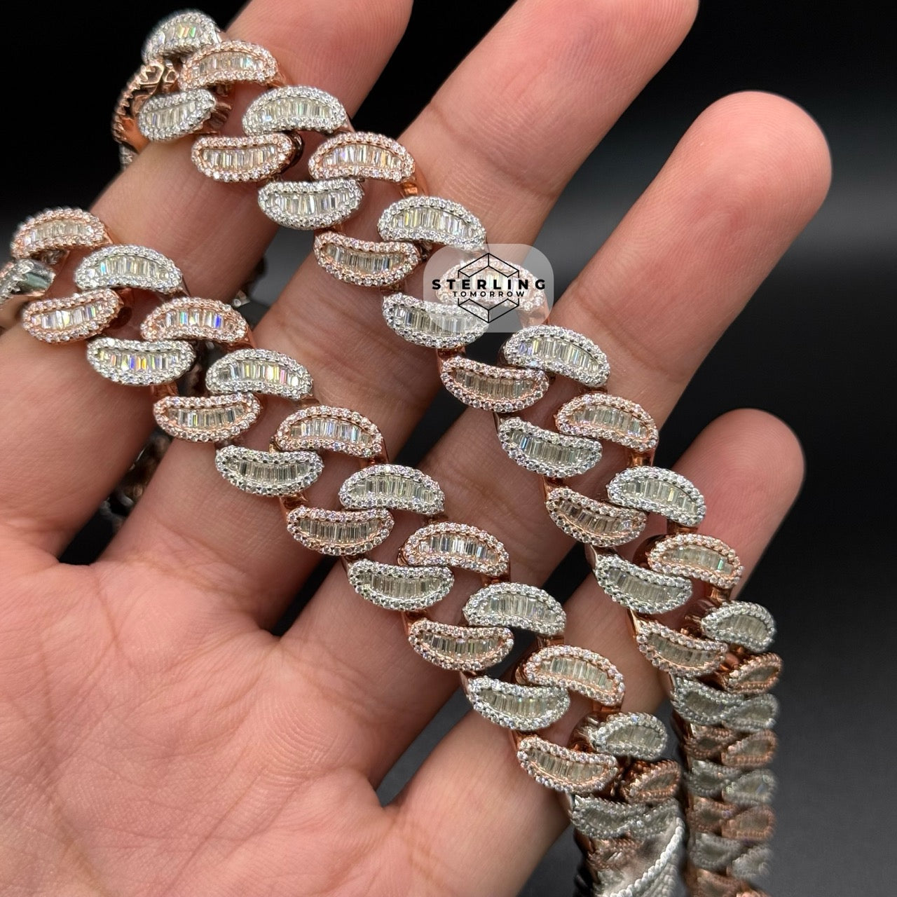 Moissanite 15mm 22" Heavy Rose Two Tone Baguette Cuban Chain