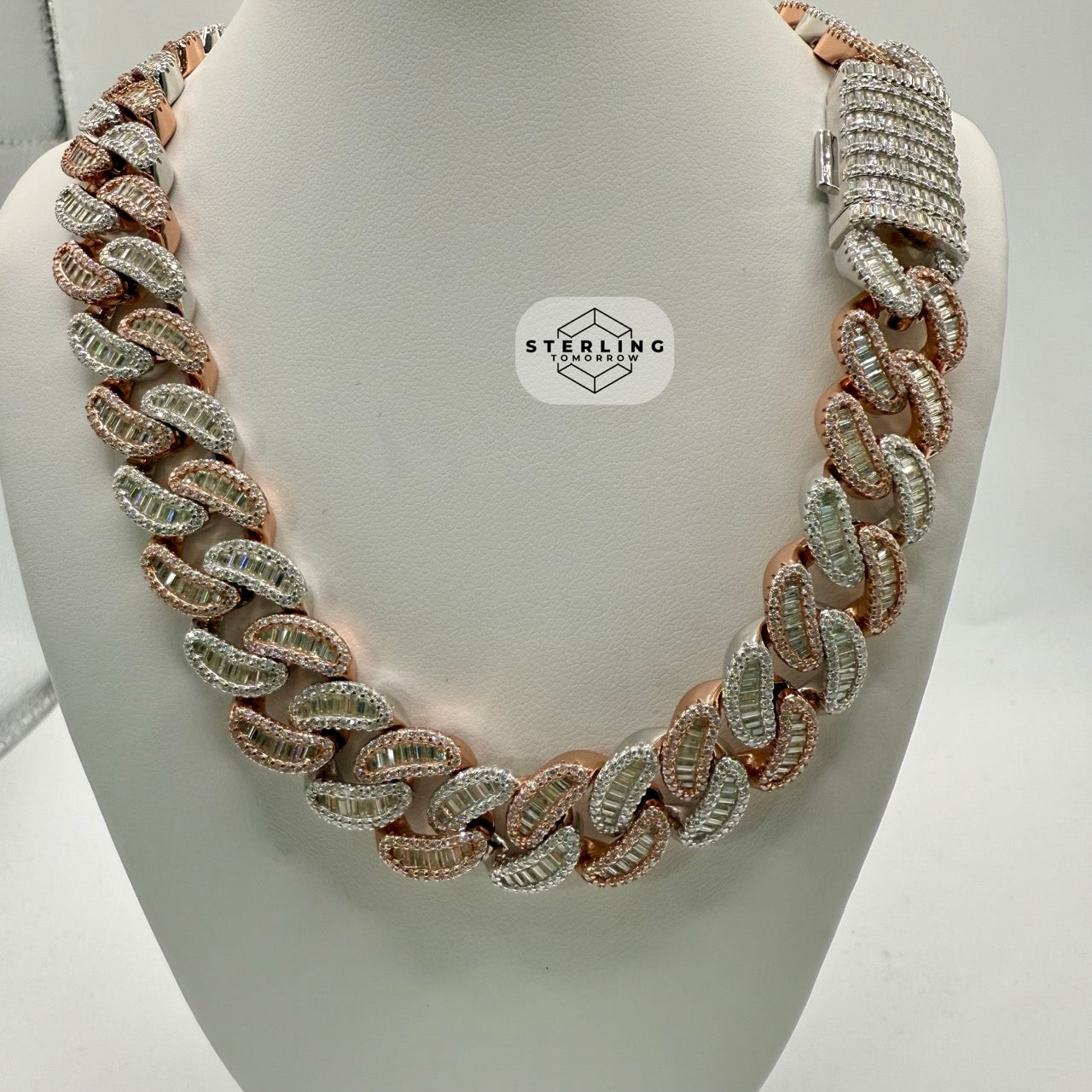 Moissanite 15mm 22" Heavy Rose Two Tone Baguette Cuban Chain