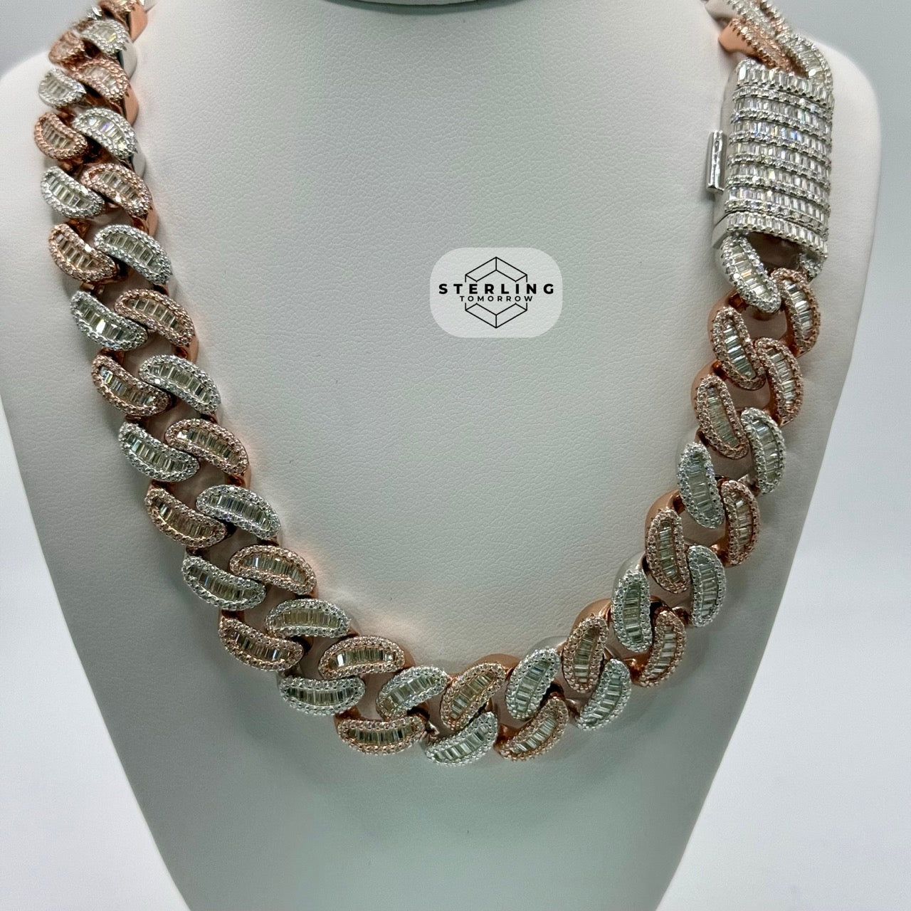 Moissanite 15mm 22" Heavy Rose Two Tone Baguette Cuban Chain