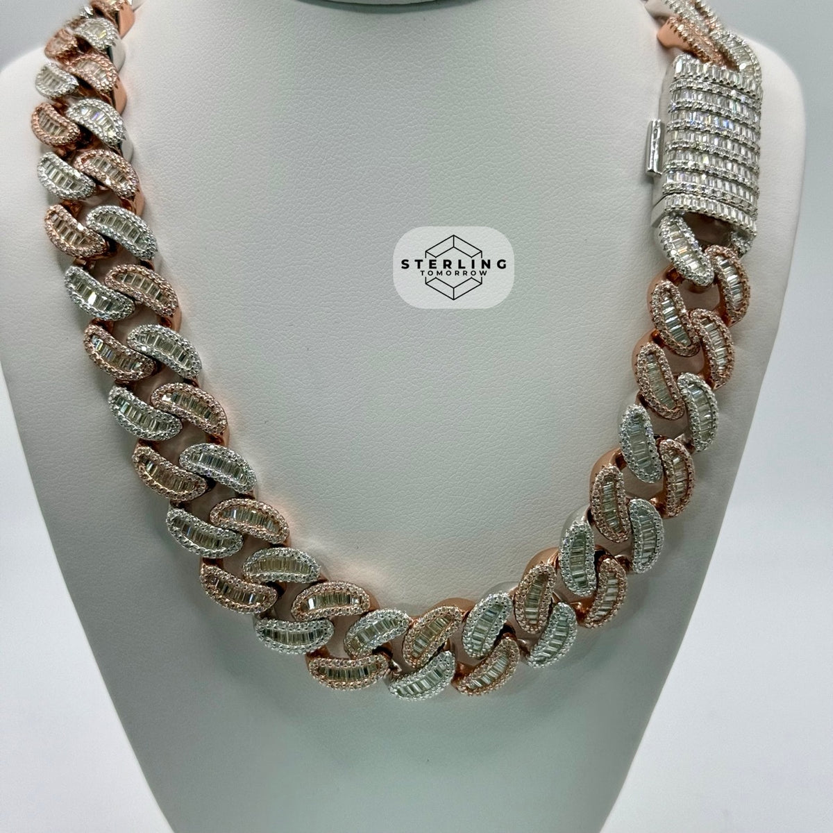 Moissanite 15mm 22" Heavy Rose Two Tone Baguette Cuban Chain