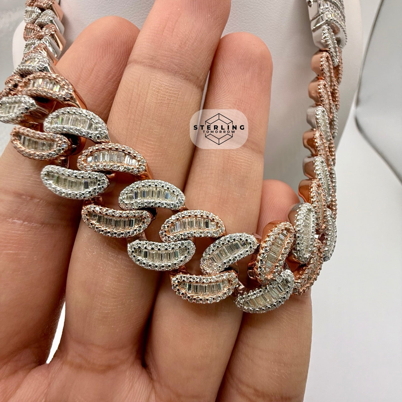 Moissanite 15mm 22" Heavy Rose Two Tone Baguette Cuban Chain