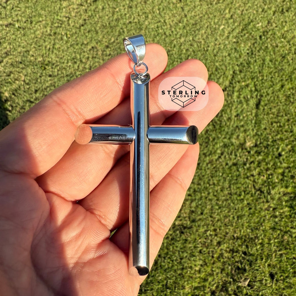 Large Silver Cross Pendant Necklace, Stainless Steel Necklace for Men