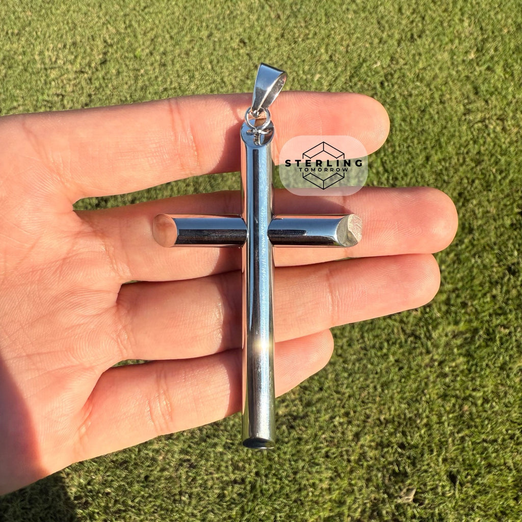 Large Silver Cross Pendant Necklace, Stainless Steel Necklace for Men