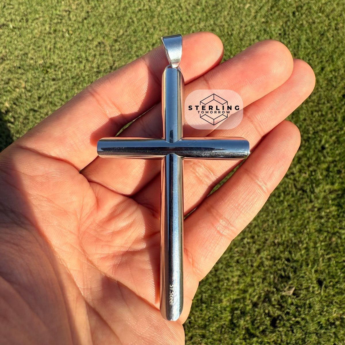 Large Silver Cross Pendant Necklace, Stainless Steel Necklace for Men