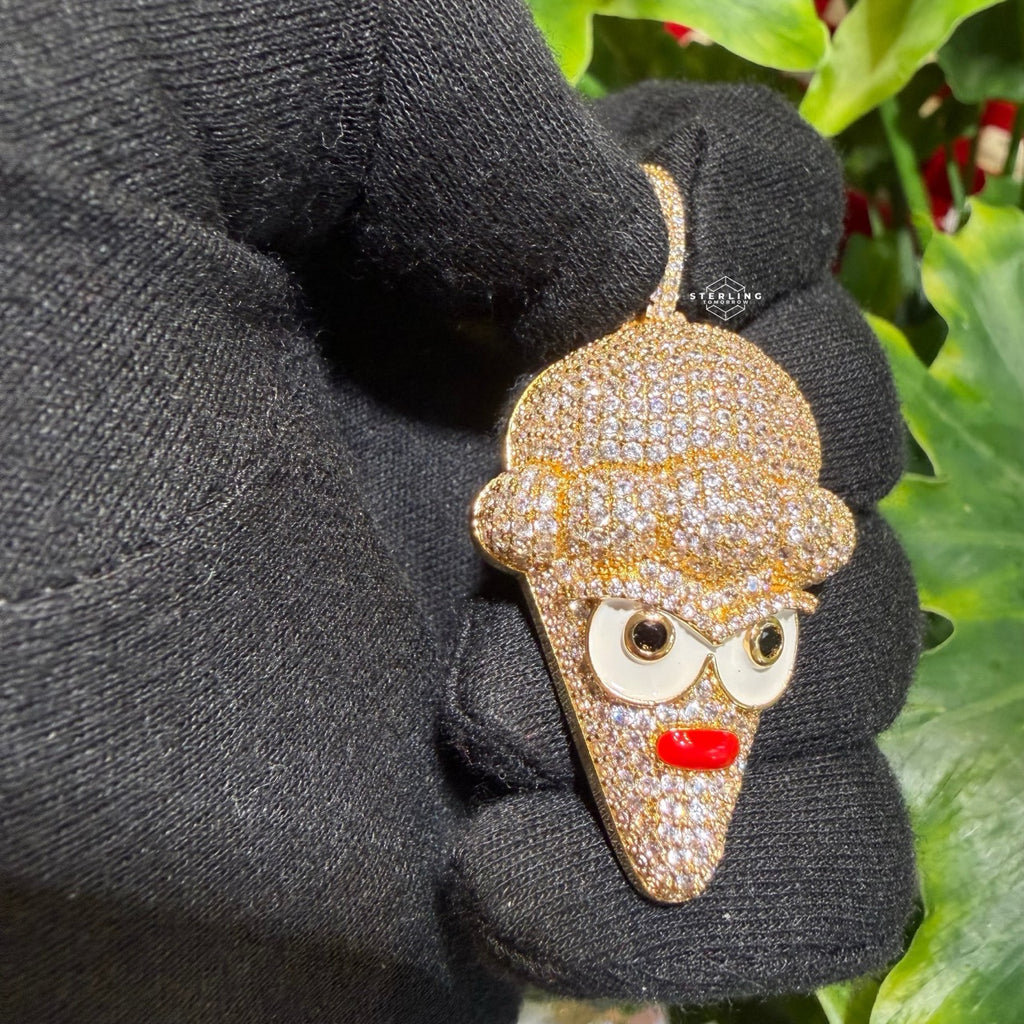 Ice Cream Cone Enamel Gold Tone Pendant