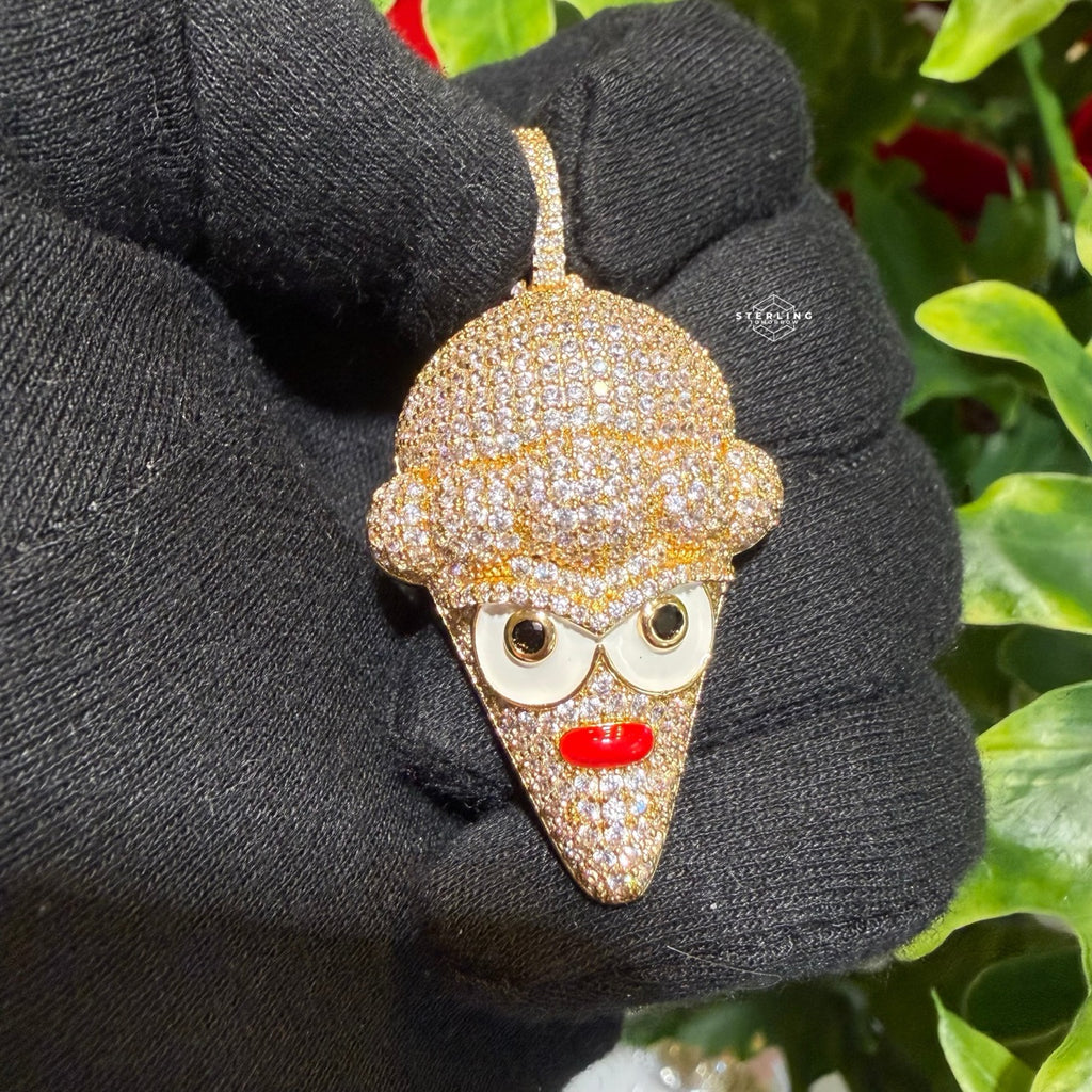Ice Cream Cone Enamel Gold Tone Pendant