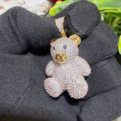 Teddy Bear Iced Out 14k Gold Plated Pendant + Steel AntiTarnish Rope Chain