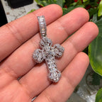 Baguette Solitaire Iced Out Cross Pendant Silver Tone