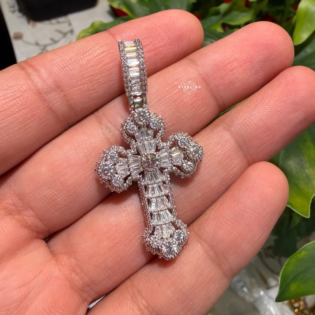 Baguette Solitaire Iced Out Cross Pendant Silver Tone