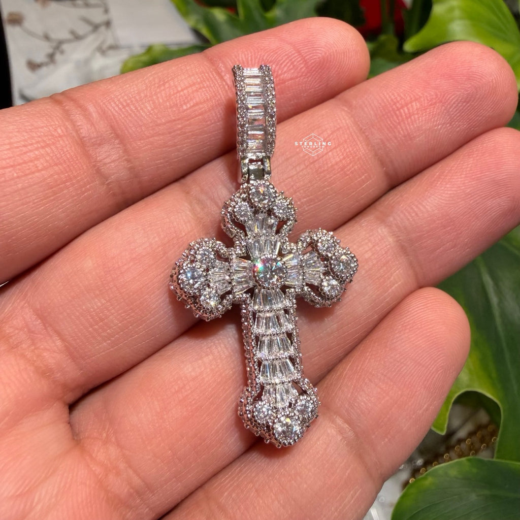Baguette Solitaire Iced Out Cross Pendant Silver Tone