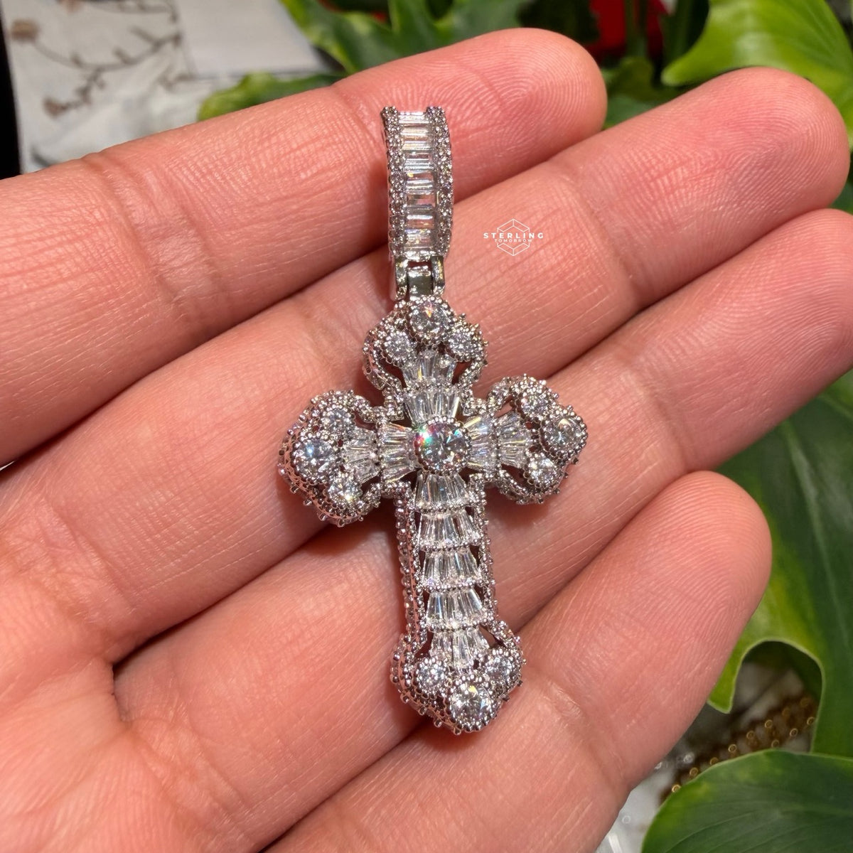 Baguette Solitaire Iced Out Cross Pendant Silver Tone