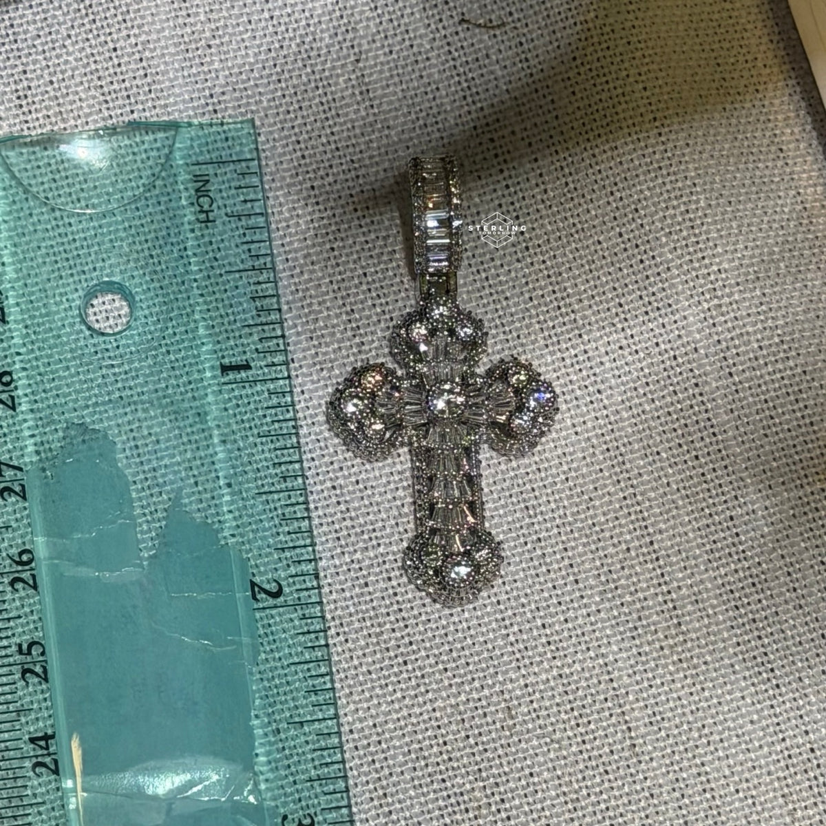 Baguette Solitaire Iced Out Cross Pendant Silver Tone