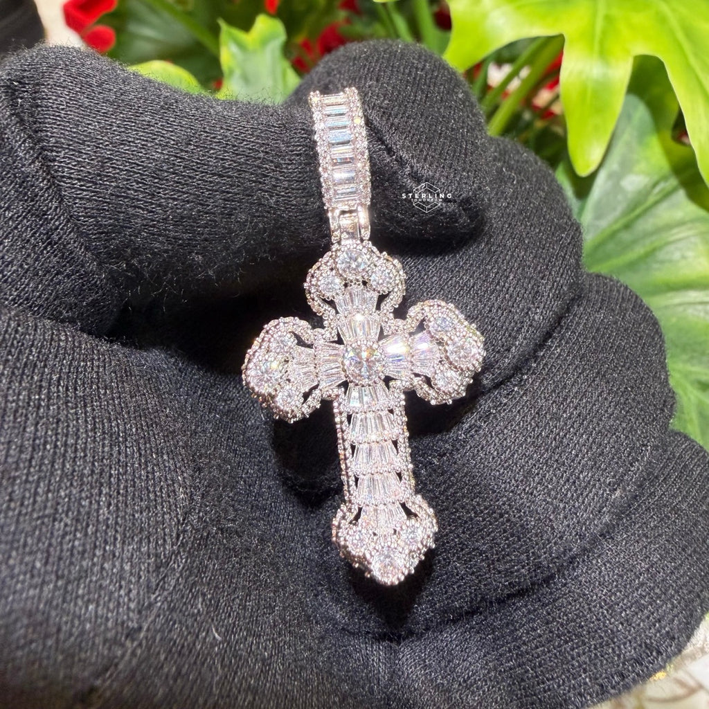Baguette Solitaire Iced Out Cross Pendant Silver Tone