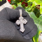 Baguette Solitaire Iced Out Cross Pendant Silver Tone
