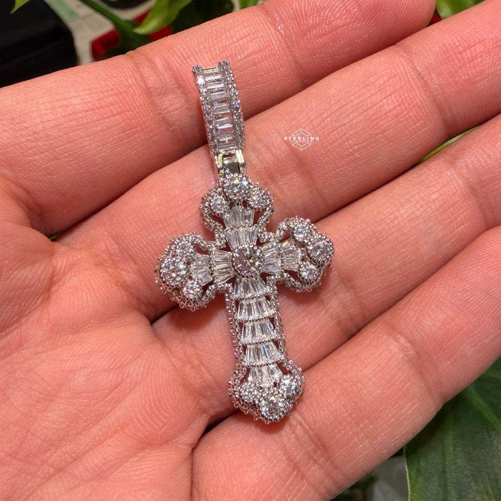 Baguette Solitaire Iced Out Cross Pendant Silver Tone