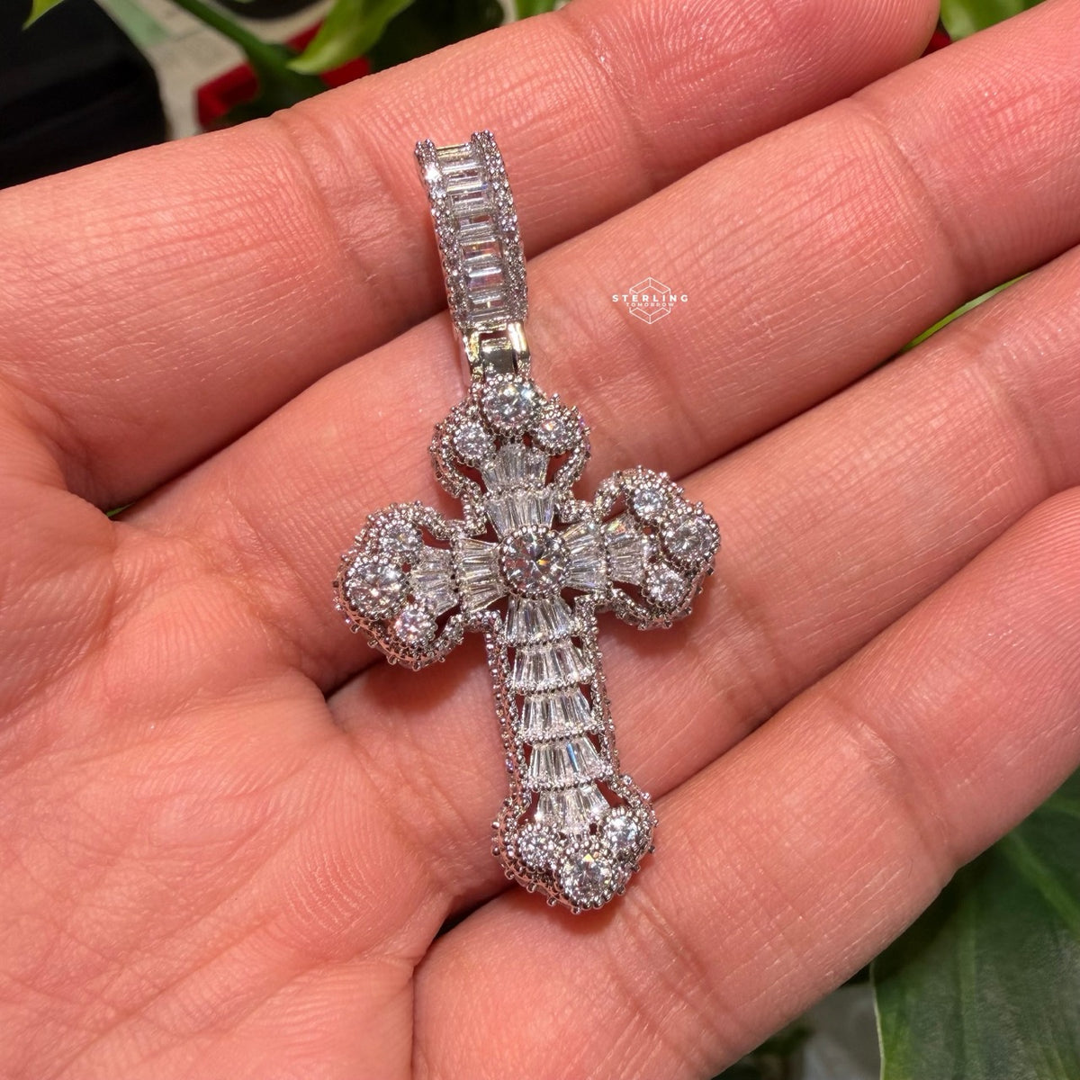 Baguette Solitaire Iced Out Cross Pendant Silver Tone