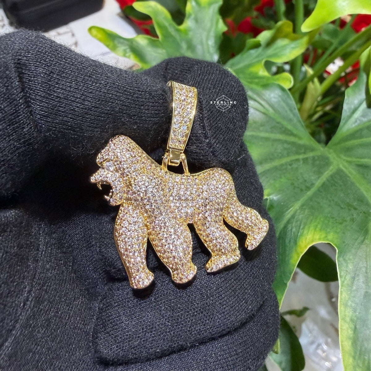14K Gold Plated Gorilla Iced Out Pendant CZ Diamond Hip Hop Bling + FREE Rope Chain