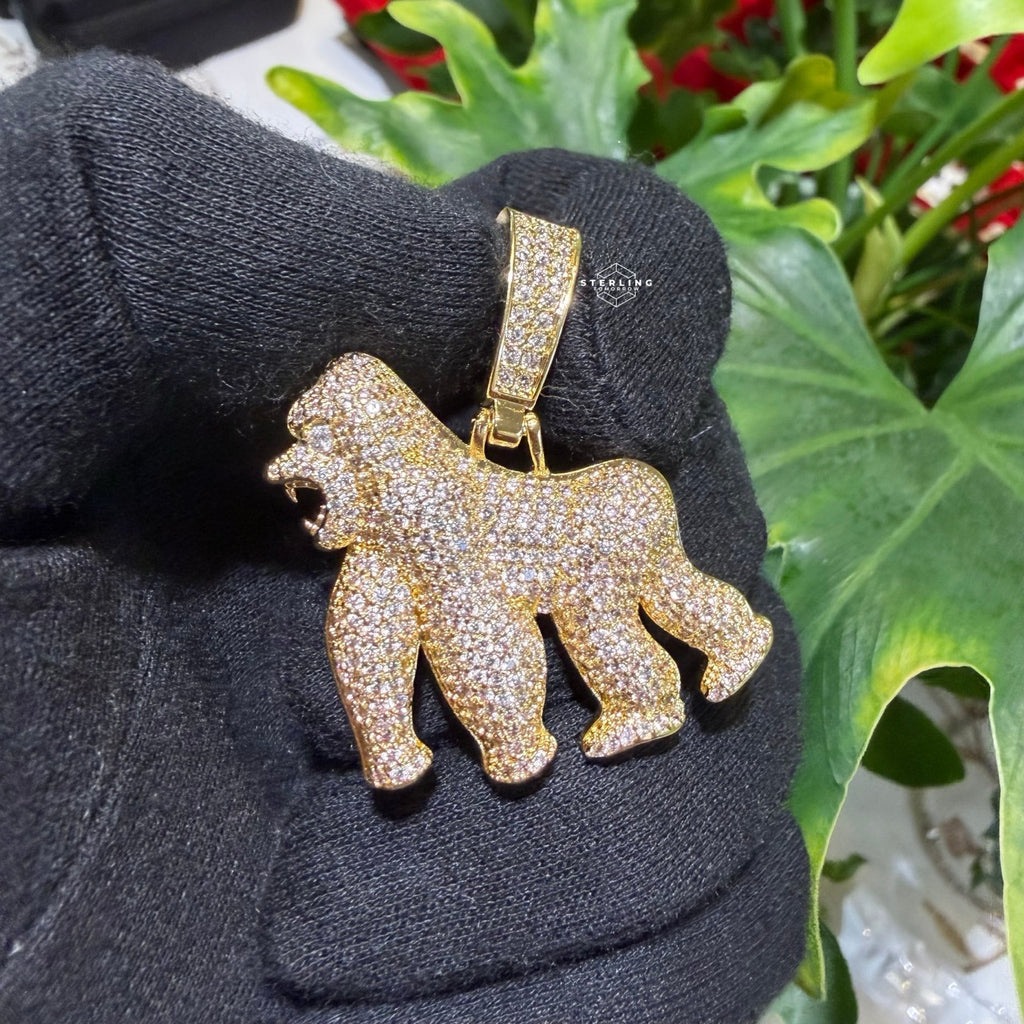 14K Gold Plated Gorilla Iced Out Pendant CZ Diamond Hip Hop Bling + FREE Rope Chain