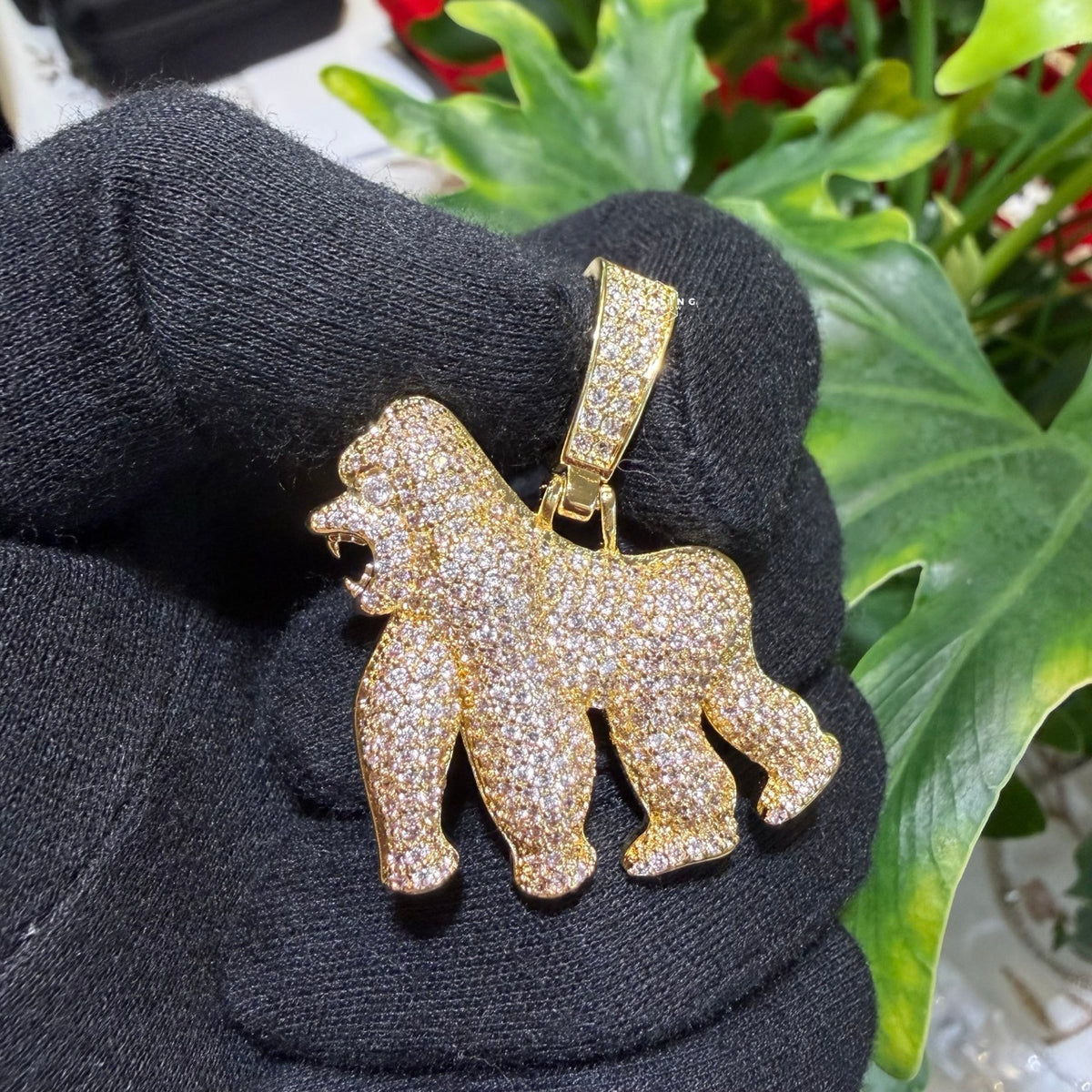 14K Gold Plated Gorilla Iced Out Pendant CZ Diamond Hip Hop Bling + FREE Rope Chain