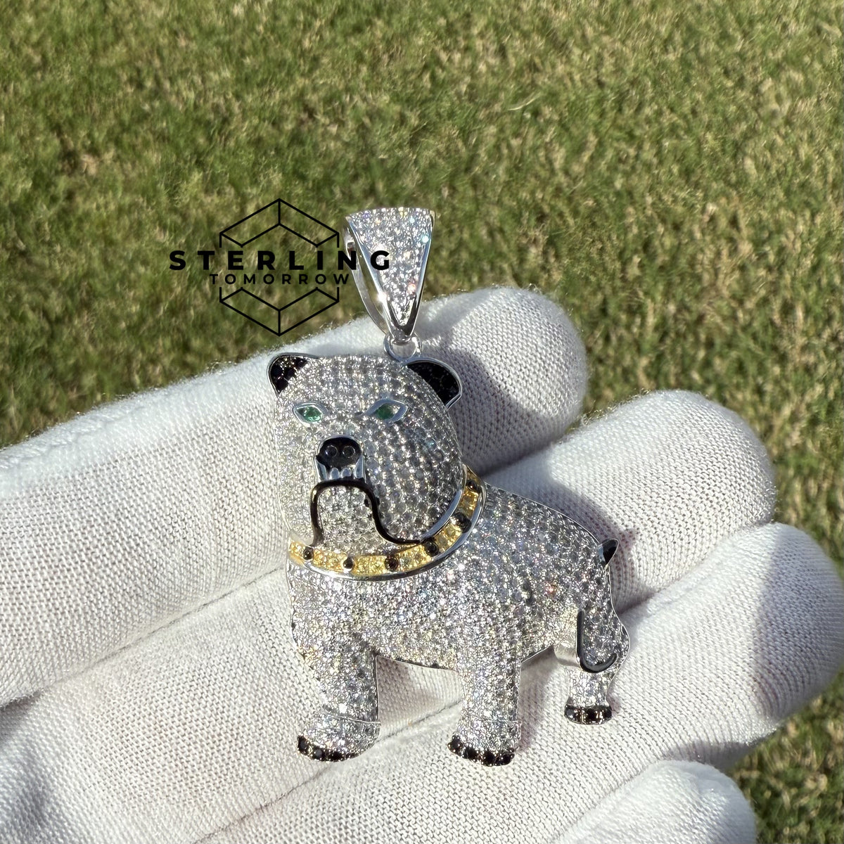 Bulldog with Green Eyes 925 Sterling Silver Pendant