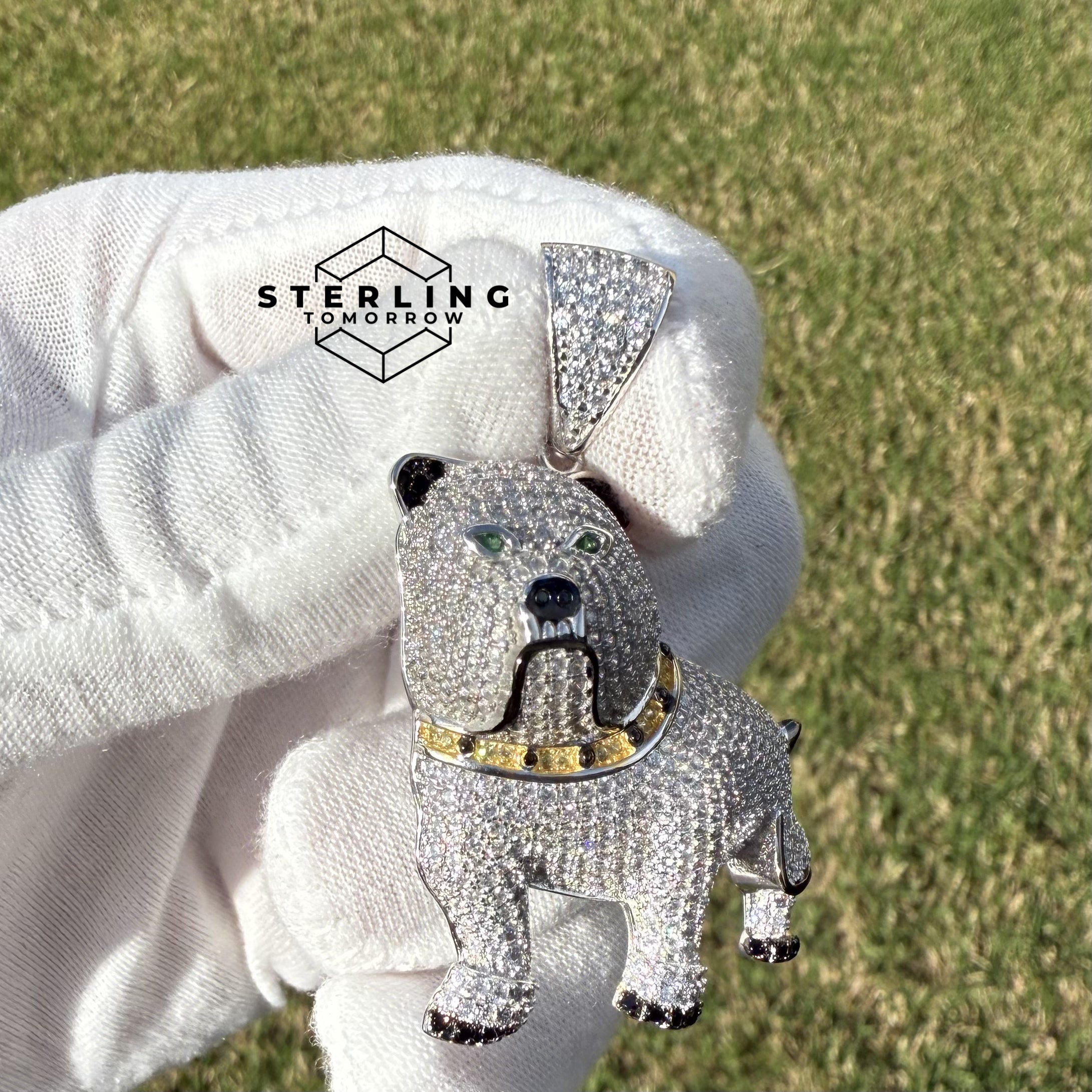 Bulldog with Green Eyes 925 Sterling Silver Pendant