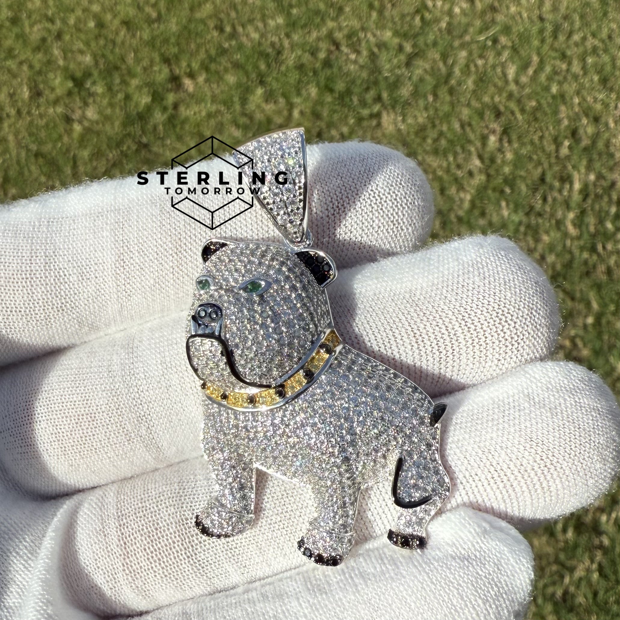 Bulldog with Green Eyes 925 Sterling Silver Pendant