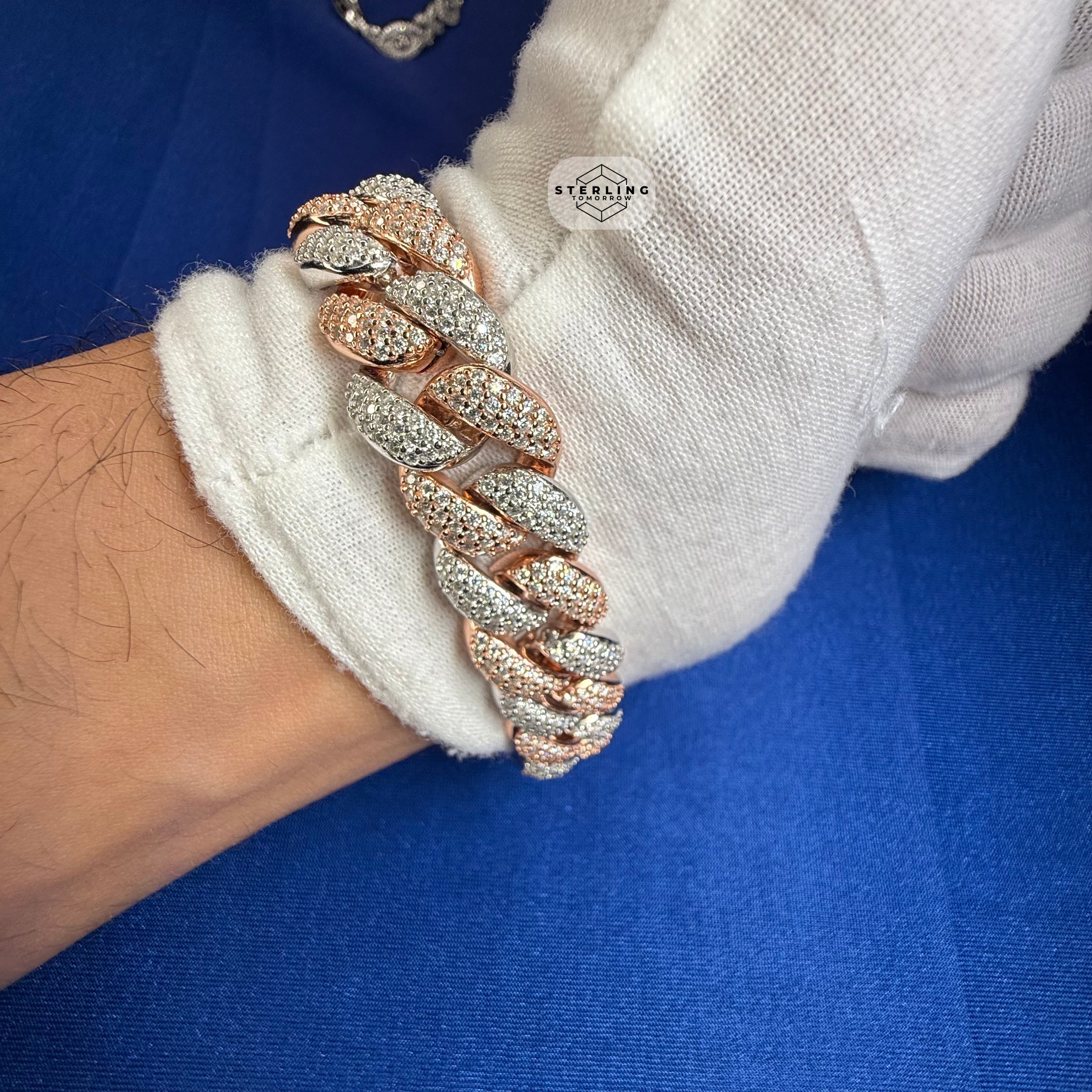 Moissanite Rose Two Tone 15mm Miami Cuban Bracelet 8.5"