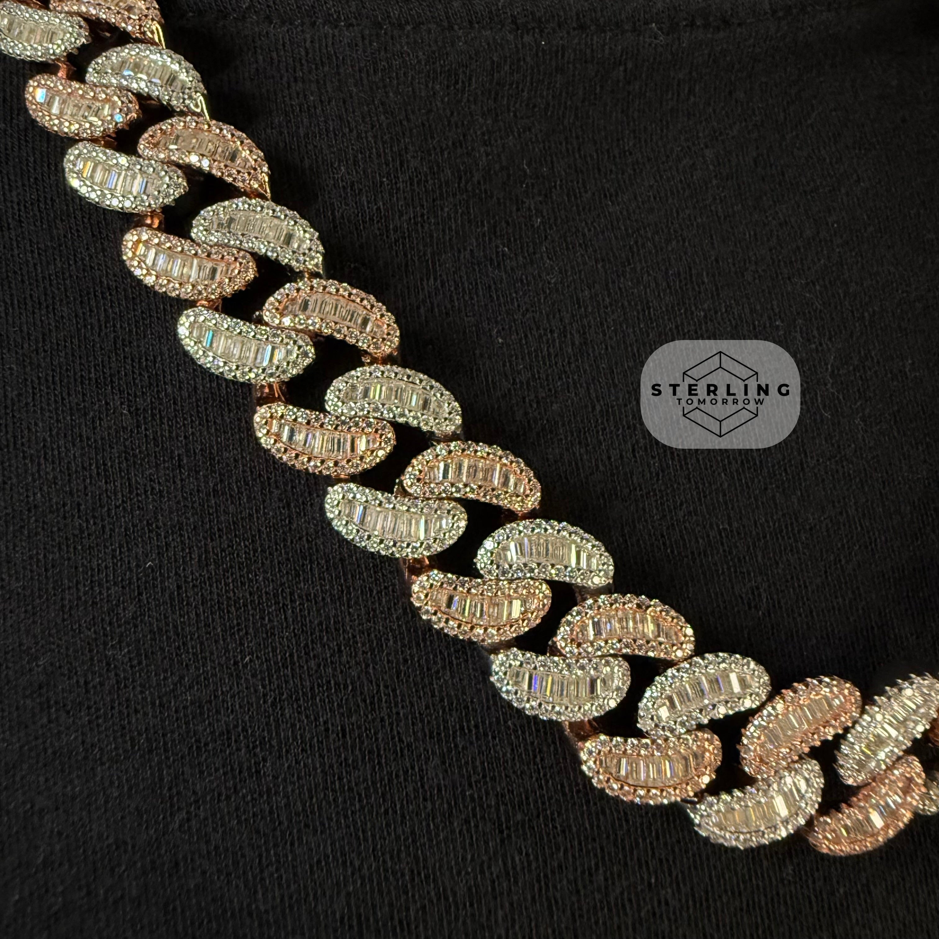Moissanite 15mm 22" Heavy Rose Two Tone Baguette Cuban Chain