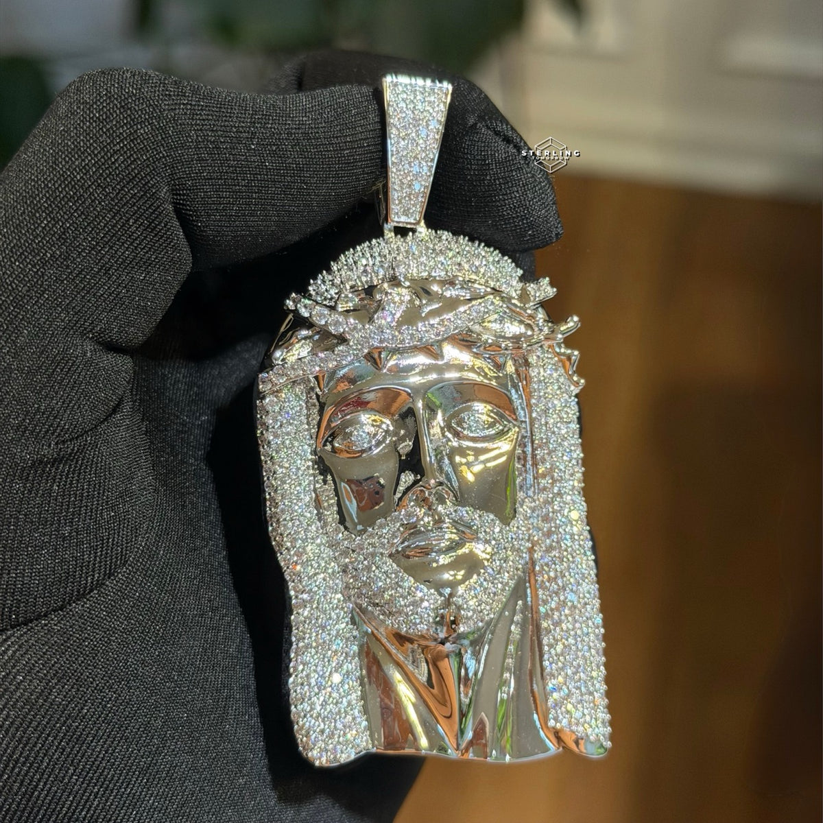 Jesus Face Silver Tone Large Iced Out Pendant