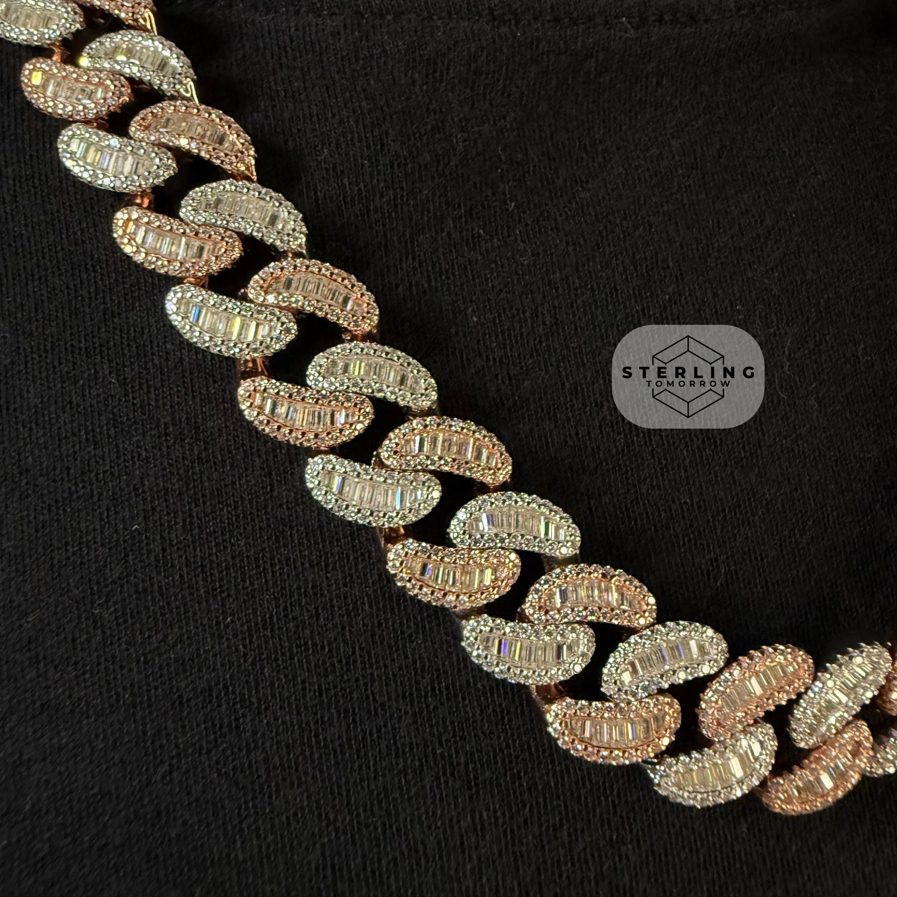 Moissanite 15mm 22" Heavy Rose Two Tone Baguette Cuban Chain