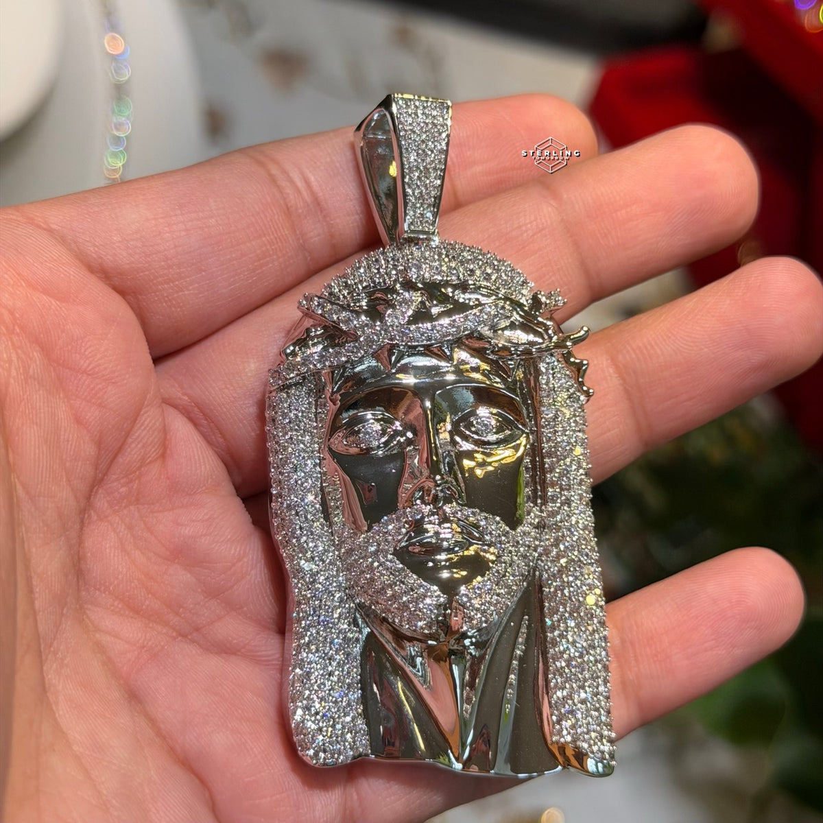 Jesus Face Silver Tone Large Iced Out Pendant