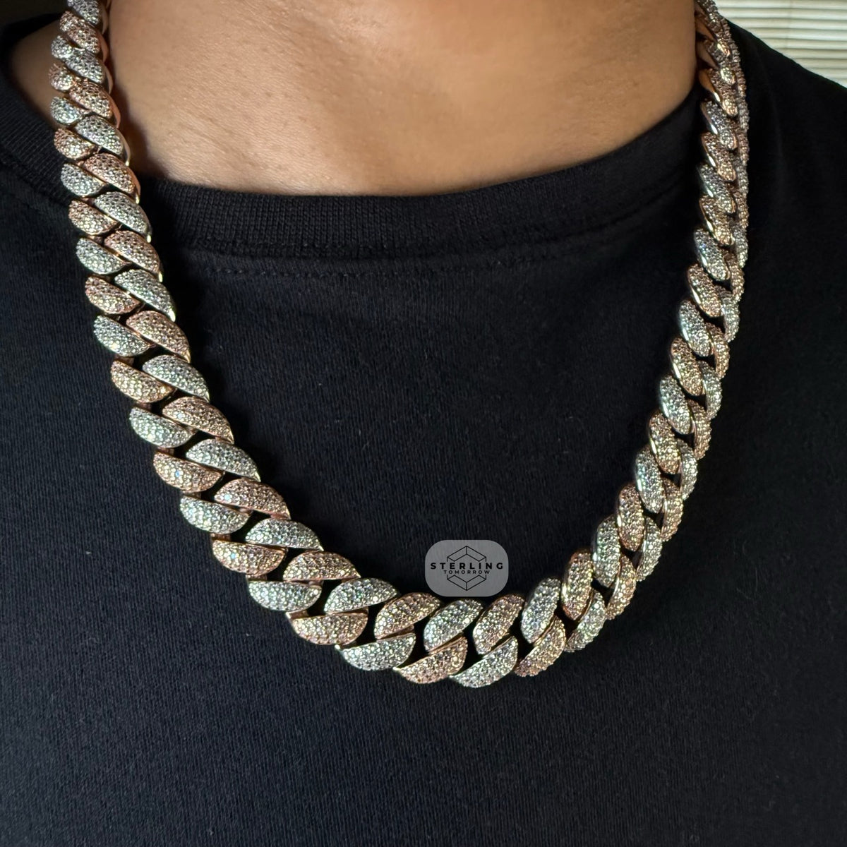 Moissanite Rose Two Tone 15mm Miami Cuban Chain 22"
