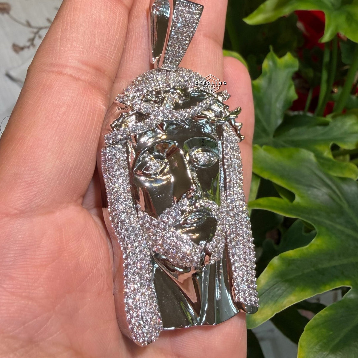 Jesus Face Silver Tone Large Iced Out Pendant