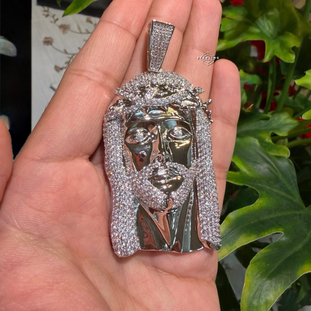 Jesus Face Silver Tone Large Iced Out Pendant