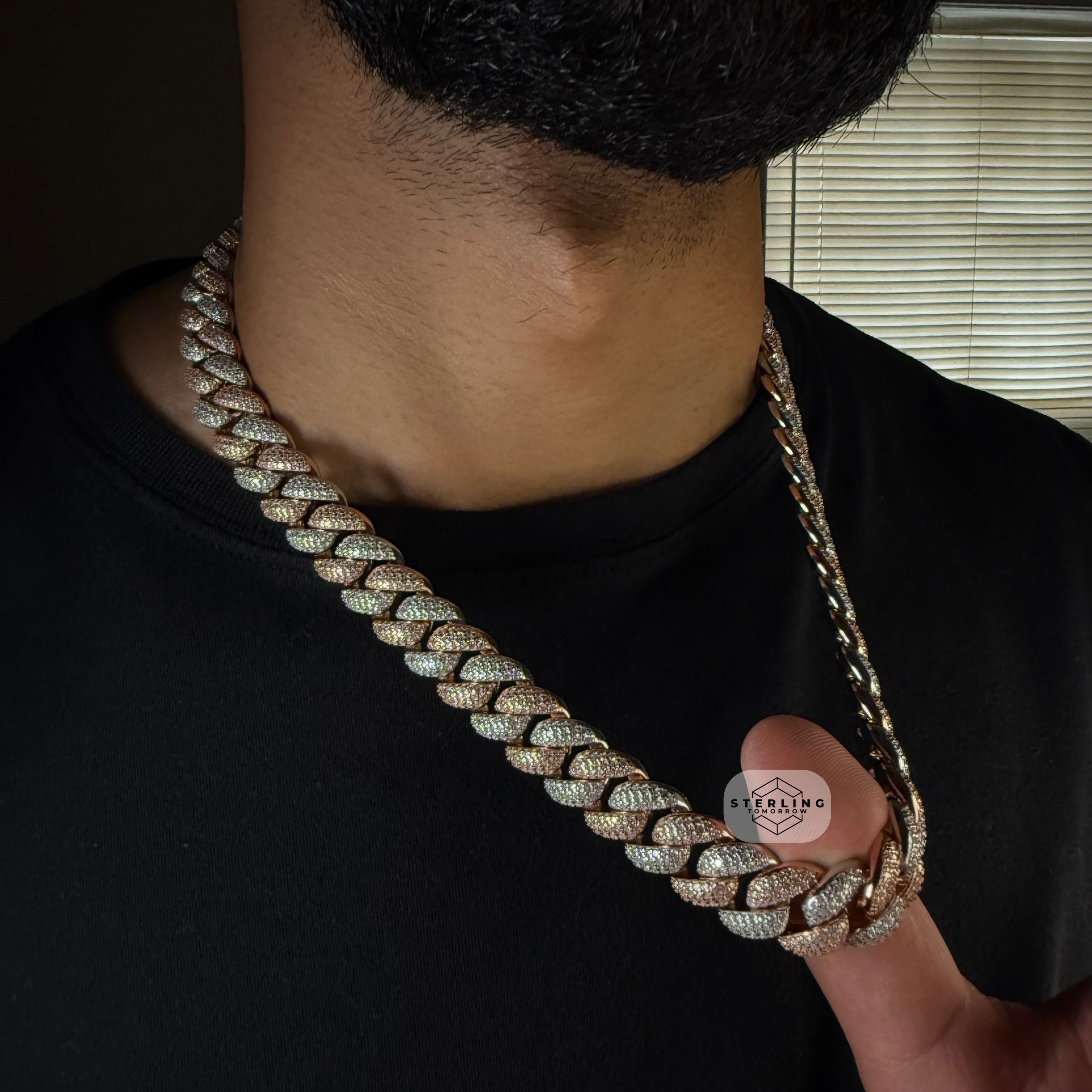 Moissanite Rose Two Tone 15mm Miami Cuban Chain 22"